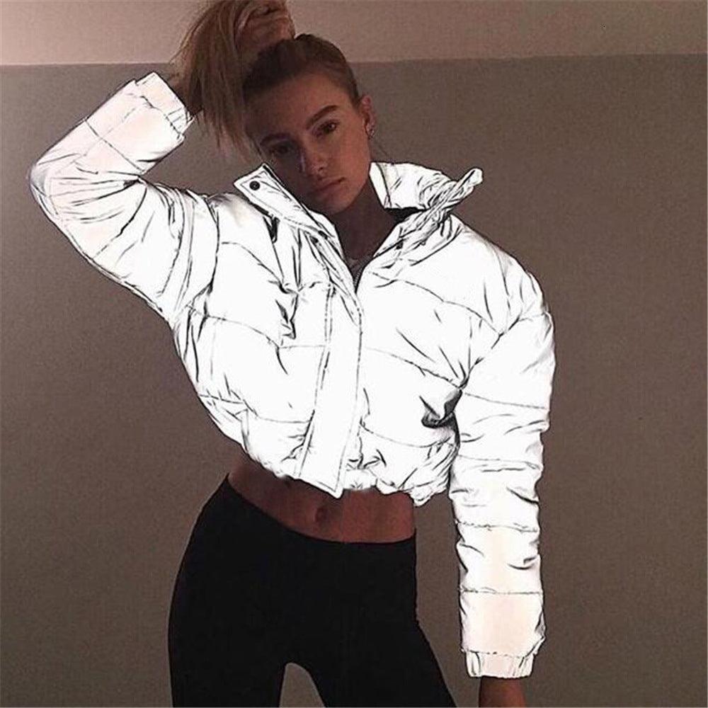 T-BOO Fashion Reflective Women Jacket Oversized Cotton Cropped Reflective Winter Night Coat Female Warm Loose Zipper Outwear