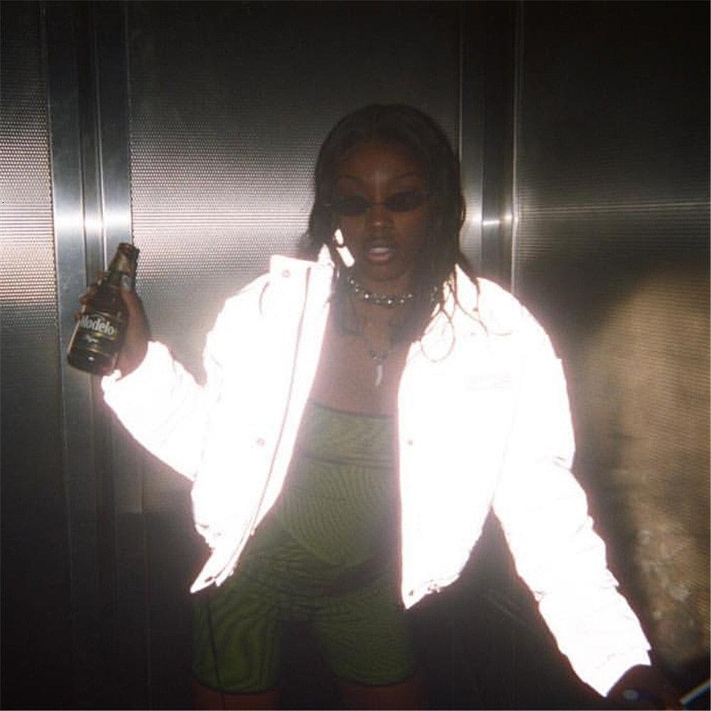 T-BOO Fashion Reflective Women Jacket Oversized Cotton Cropped Reflective Winter Night Coat Female Warm Loose Zipper Outwear