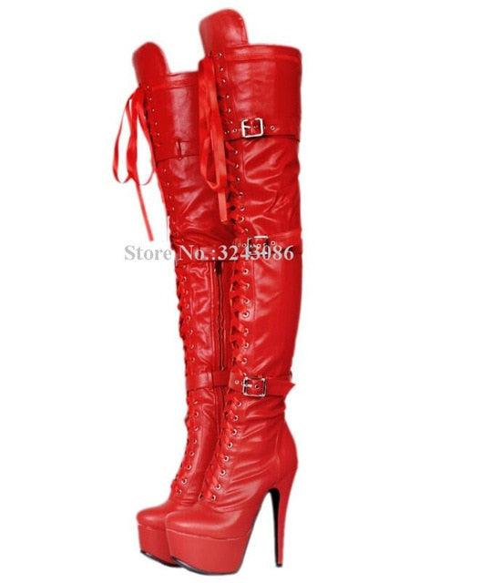 Luxury Rhinestone Studded Woman Sexy Over the Knee Booties Lace Up Stiletto High Heels