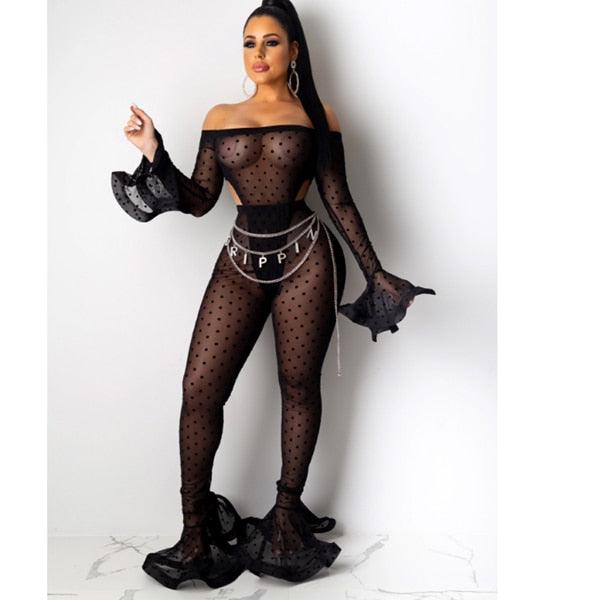 Women Long Sleeve Sexy Two Piece Sets Mesh Backless Bodysuit Jumpsuit +Long Pants Bodycon Mesh Bodycon Outfits Women Club Sets