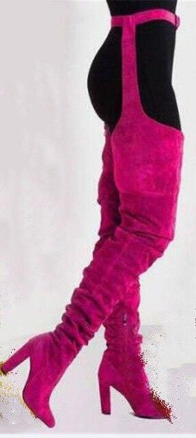 Women Over the Knee Boots Trending Fashion Long Boots Pointed Toe Solid Suede Leather Thigh Belt Chunk High Heel Boots Waist HighThick Heel Long Boots