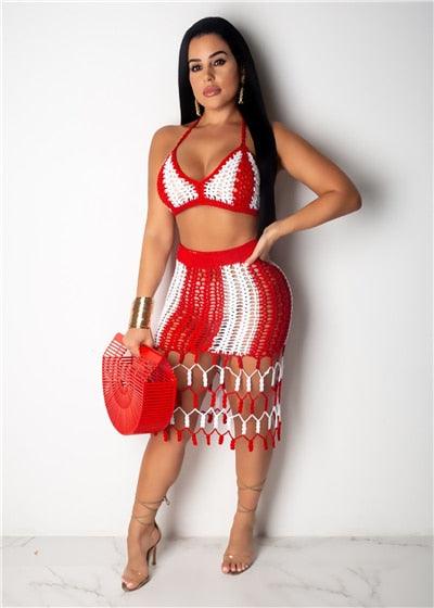 T-BOO Hand Crochet Patchwork Beach Dress Two Piece Set Hollow Out Bra Top Bodycon Mini Skirt Hot Girl Summer Women Clothing