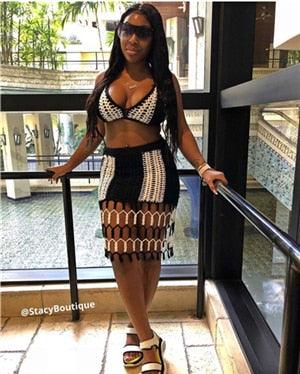 T-BOO Hand Crochet Patchwork Beach Dress Two Piece Set Hollow Out Bra Top Bodycon Mini Skirt Hot Girl Summer Women Clothing