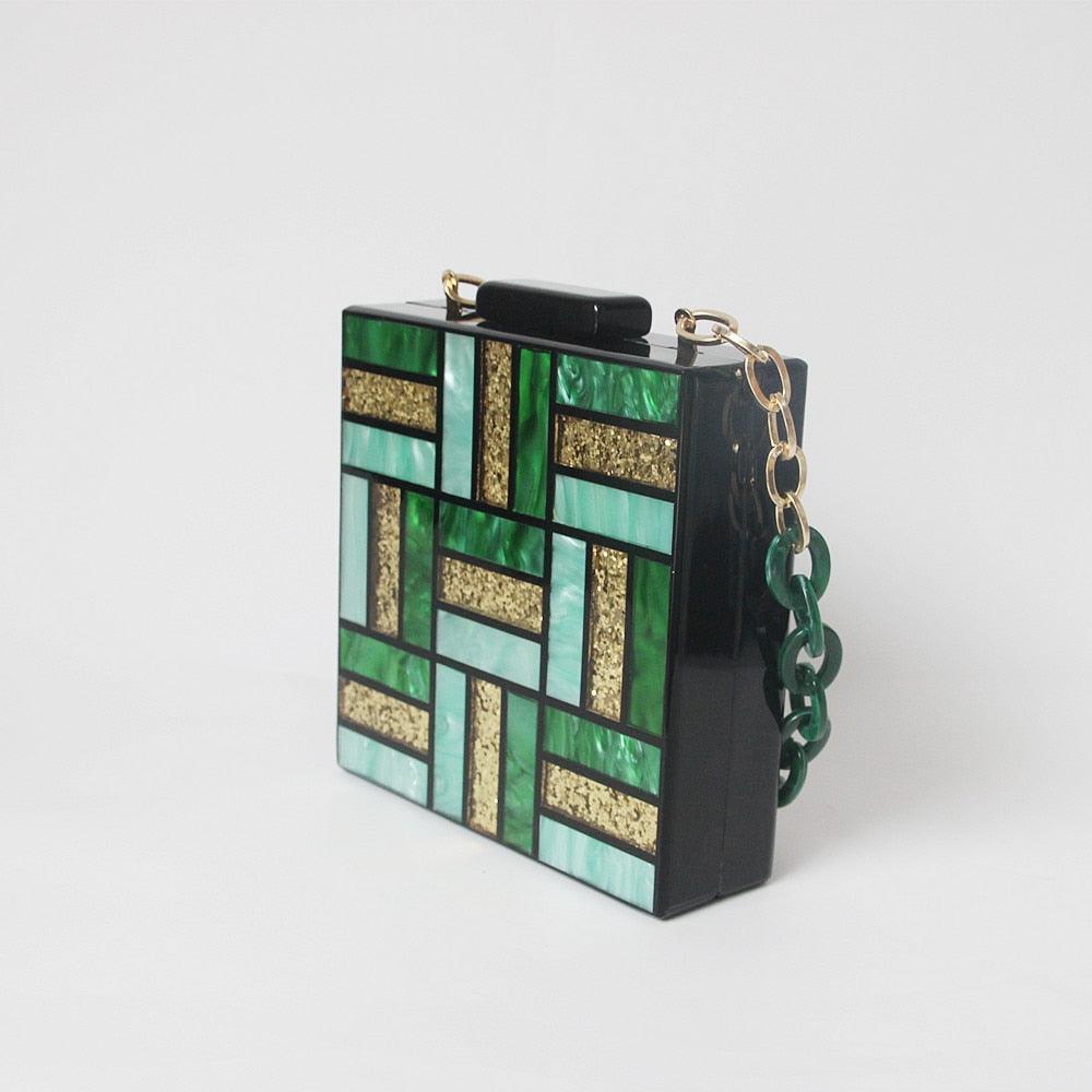 T-BOO Fashion Evening Bag Cute Green Gold Acrylic Chain Handbags Women Luxury Square Party Wedding Bags Casual Vintage Box Clutch