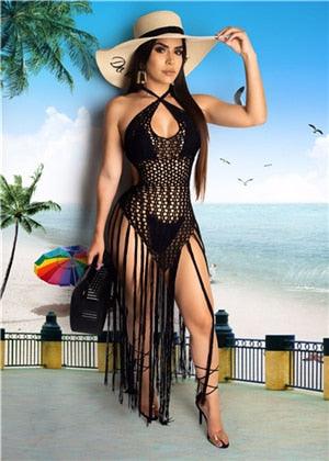 T-BOO Crochet Fishnet Tassel Beach Dress Sexy Fashion Backless Halter Maxi Dress for Women Tunic Swimwear Outfits