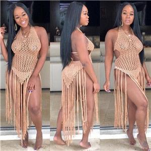T-BOO Crochet Fishnet Tassel Beach Dress Sexy Fashion Backless Halter Maxi Dress for Women Tunic Swimwear Outfits
