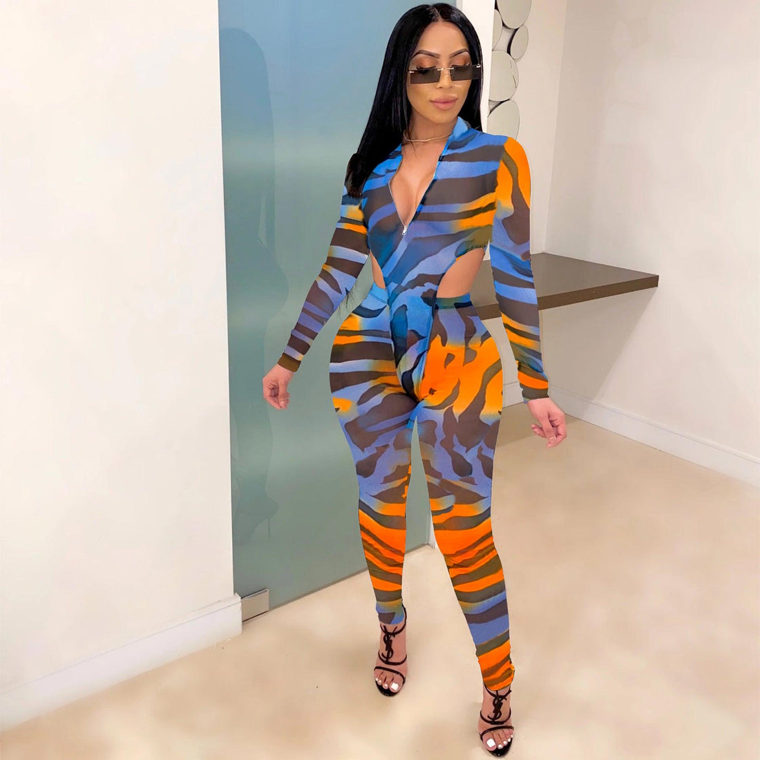 Sexy Hot Colorful Bodysuit with transparent pant set Letter Print Set Deep V-Neck 2 Piece Outfits Long Sleeve Bodysuit and Pants set