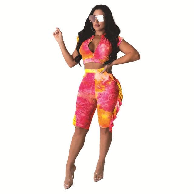 Women Tie Dye Ruffles Short Sets Sexy Sleeveless Crop Top with Zipper + Skinny Knee Pants Summer Fashion Biker 2 Pieces Shorts