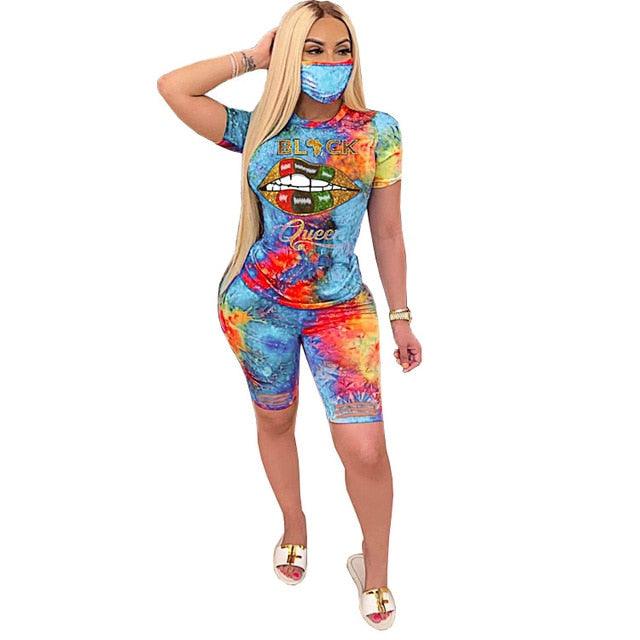 Women Summer Tie-Dye Queen Lips 2 Piece Set Casual Tracksuit Tee Tops and Matching Shorts Set