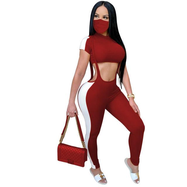 Women Sexy Knitted Mini Tops Overall Romper With Mask Pants Suit Three Piece Set Tracksuit Matching Set Outfit