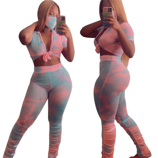 Women Tie-Dye 2pcs Print Set With Mask CropTops and Pants Suit Two Piece Set Street 2Pcs Outfit