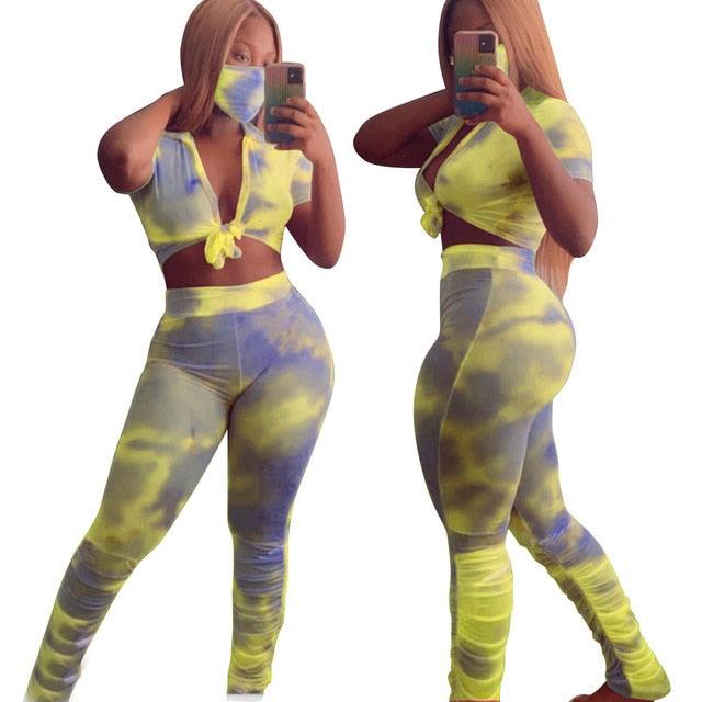 Women Tie-Dye 2pcs Print Set With Mask CropTops and Pants Suit Two Piece Set Street 2Pcs Outfit