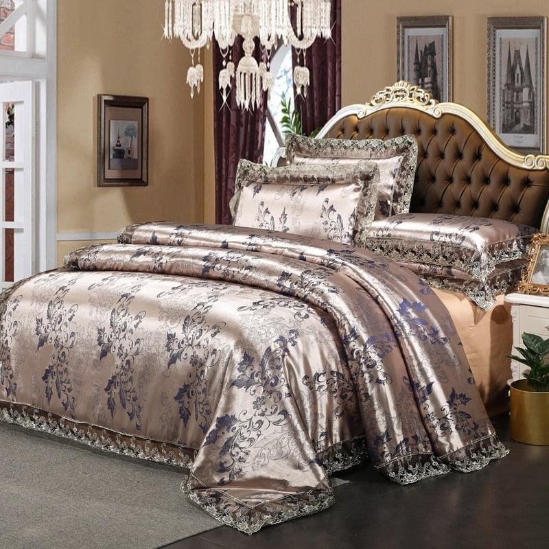Luxury Satin Silky bedding set 4pcs gold silver color cotton lace duvet cover sets bedsheet queen/king size 4Pcs bed set