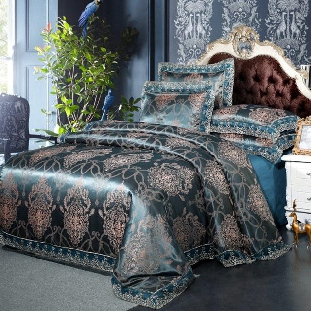 Luxury Satin Silky bedding set 4pcs gold silver color cotton lace duvet cover sets bedsheet queen/king size 4Pcs bed set