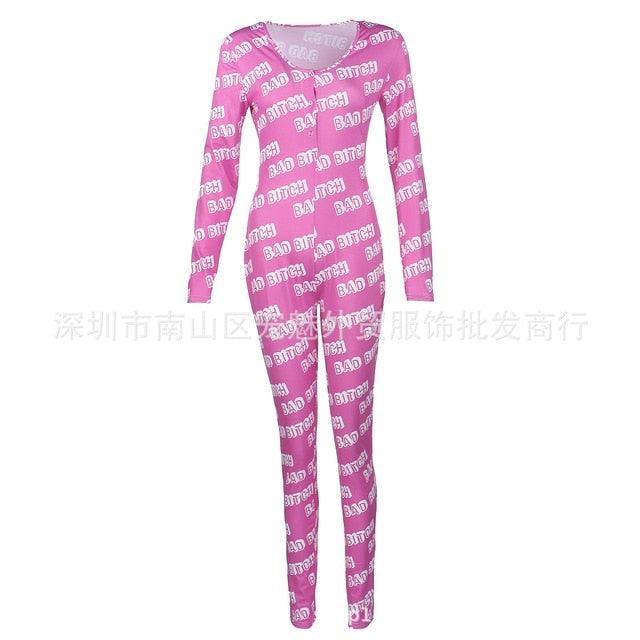Womens Sexy Onesies Jumpsuit Cartoon print Sleepwear long Sleeve Romper Bodycon Jumpsuit Bodysuit