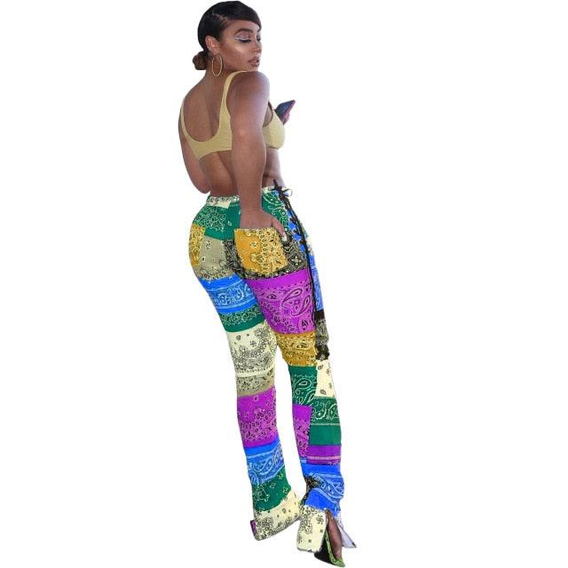 Women Print Patchwork Side straps Flare Slit Pants Fashion patchwork paisley strappy split Trousers Draped Streetwear