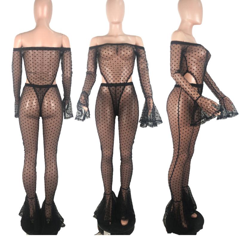 Women Long Sleeve Sexy Two Piece Sets Mesh Backless Bodysuit Jumpsuit +Long Pants Bodycon Mesh Bodycon Outfits Women Club Sets