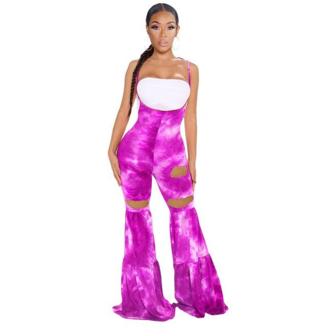 Women High Waisted Tie Dye Overall Wide Leg Elastic Ruffles Hole Flare Pants Draped Trouser Bell Bottom Leggings