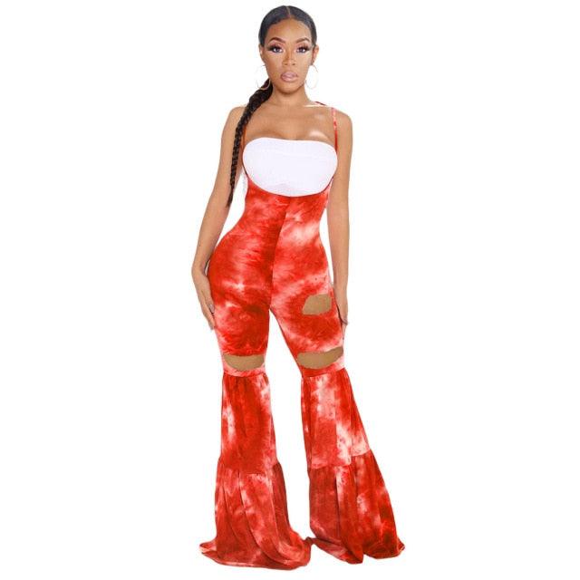 Women High Waisted Tie Dye Overall Wide Leg Elastic Ruffles Hole Flare Pants Draped Trouser Bell Bottom Leggings