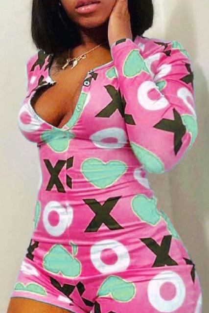 Sexy adult Onesies Rompers Sleepwear Print Floral Shorts Jumpsuit long sleeve V Neck Bodycon Bodysuit