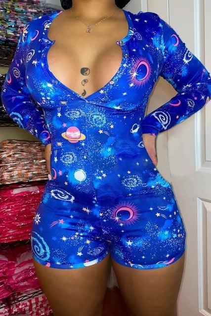 Sexy adult Onesies Rompers Sleepwear Print Floral Shorts Jumpsuit long sleeve V Neck Bodycon Bodysuit
