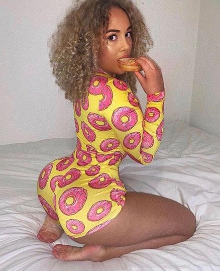 Sexy adult Onesies Rompers Sleepwear Print Floral Shorts Jumpsuit long sleeve V Neck Bodycon Bodysuit