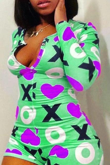 Sexy adult Onesies Rompers Sleepwear Print Floral Shorts Jumpsuit long sleeve V Neck Bodycon Bodysuit