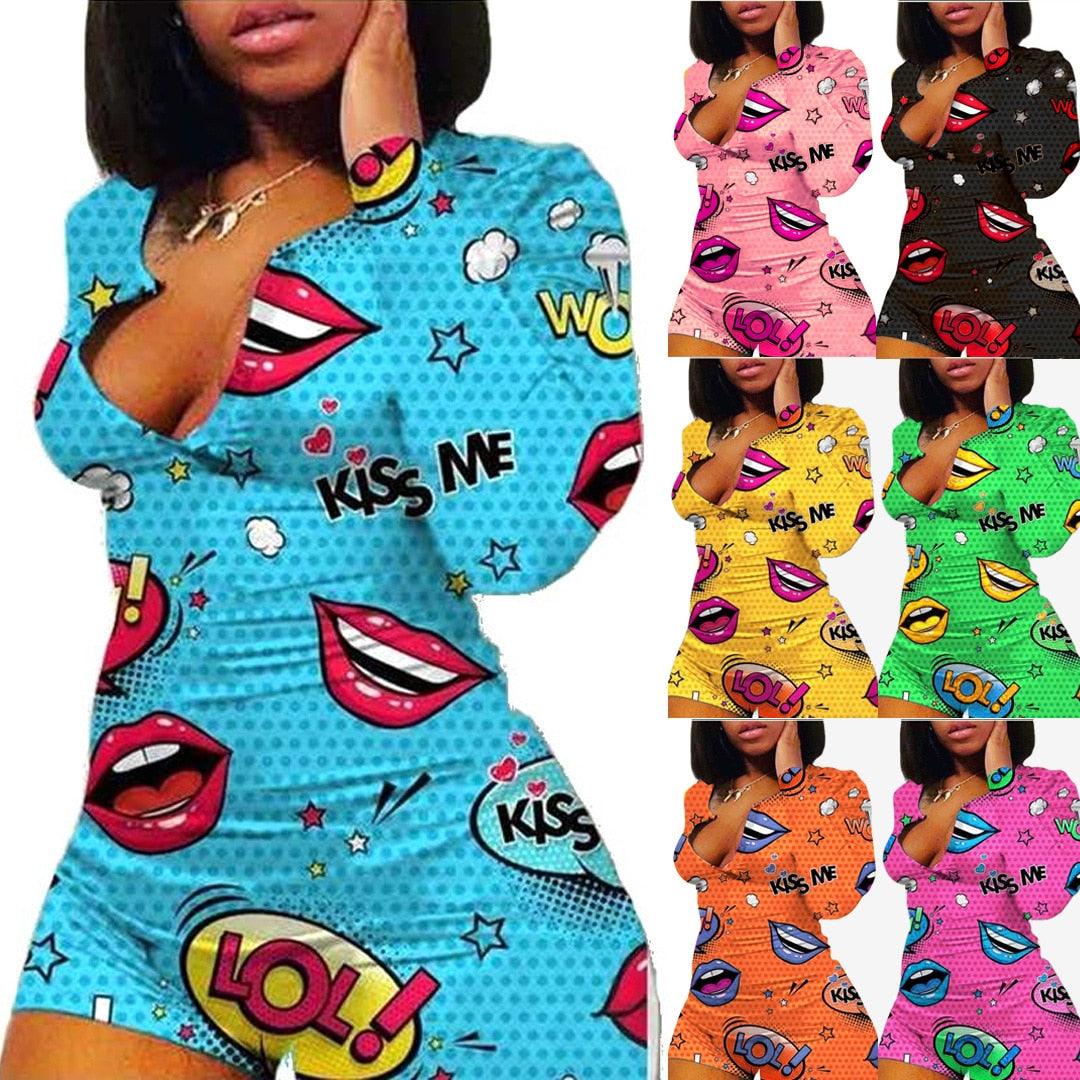 Sexy Onesies Jumpsuit Bodycon lips Print Sleepwear long Sleeve V Neck Sexy Bodycon Bodysuit Rompers