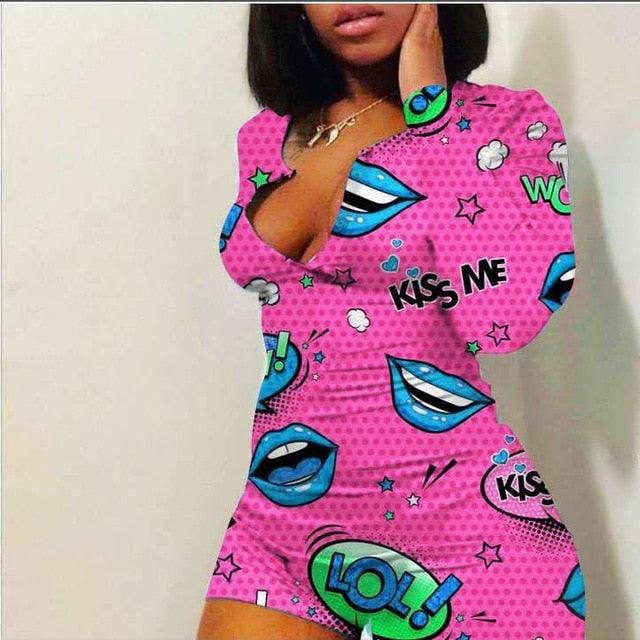 Sexy Onesies Jumpsuit Bodycon lips Print Sleepwear long Sleeve V Neck Sexy Bodycon Bodysuit Rompers