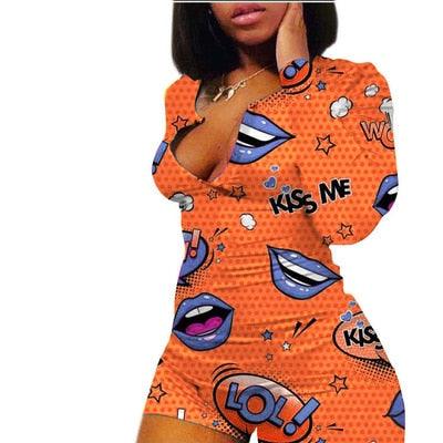 Sexy Onesies Jumpsuit Bodycon lips Print Sleepwear long Sleeve V Neck Sexy Bodycon Bodysuit Rompers