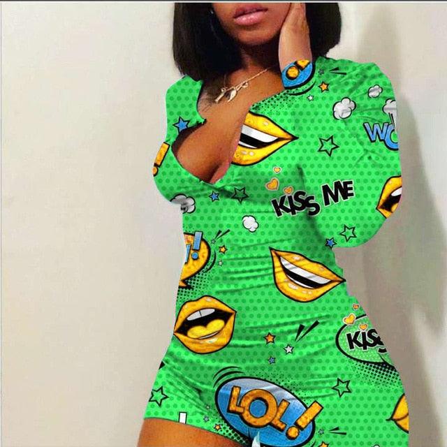 Sexy Onesies Jumpsuit Bodycon lips Print Sleepwear long Sleeve V Neck Sexy Bodycon Bodysuit Rompers