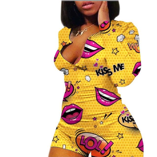 Sexy Onesies Jumpsuit Bodycon lips Print Sleepwear long Sleeve V Neck Sexy Bodycon Bodysuit Rompers