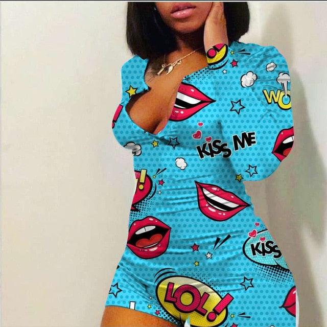 Sexy Onesies Jumpsuit Bodycon lips Print Sleepwear long Sleeve V Neck Sexy Bodycon Bodysuit Rompers