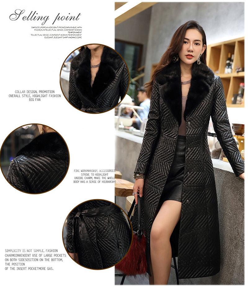 Women Natural Real Sheepskin Leather Coat Extra long With Real Mink Fur Collar 100% Real Genuine Sheepskin Leather