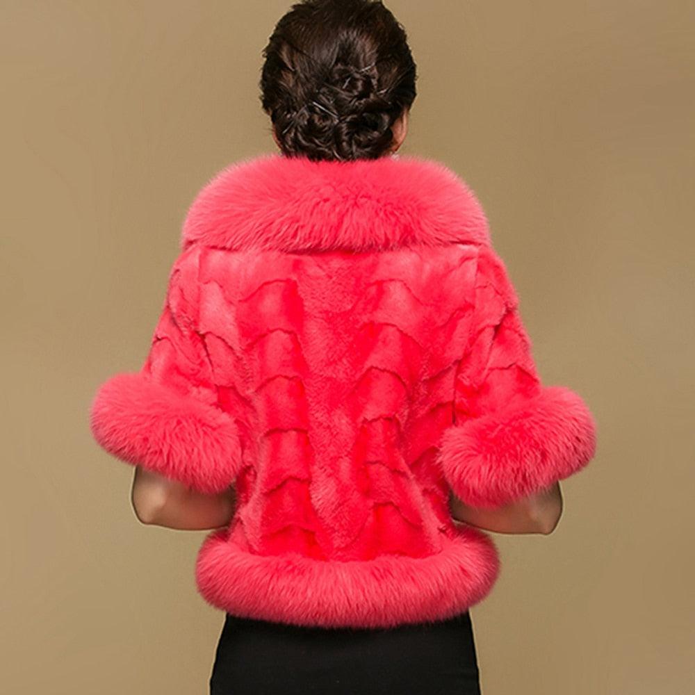 New Women Fashion Real Mink Fur Short Poncho Coat With Real Fox Collar 100% Real Natural Mink Fur And Fox Fur Shawl Overcoat