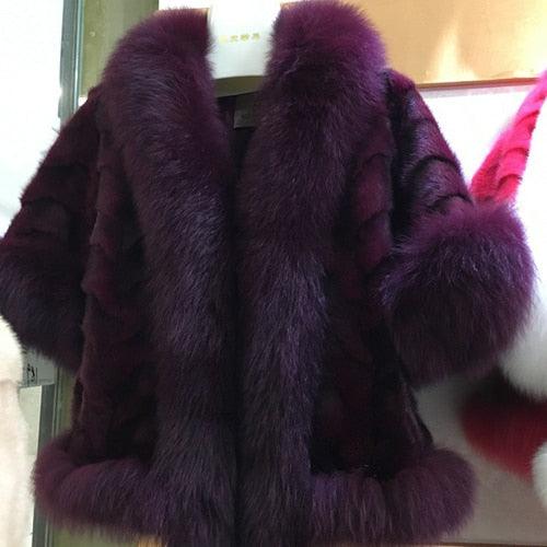 New Women Fashion Real Mink Fur Short Poncho Coat With Real Fox Collar 100% Real Natural Mink Fur And Fox Fur Shawl Overcoat