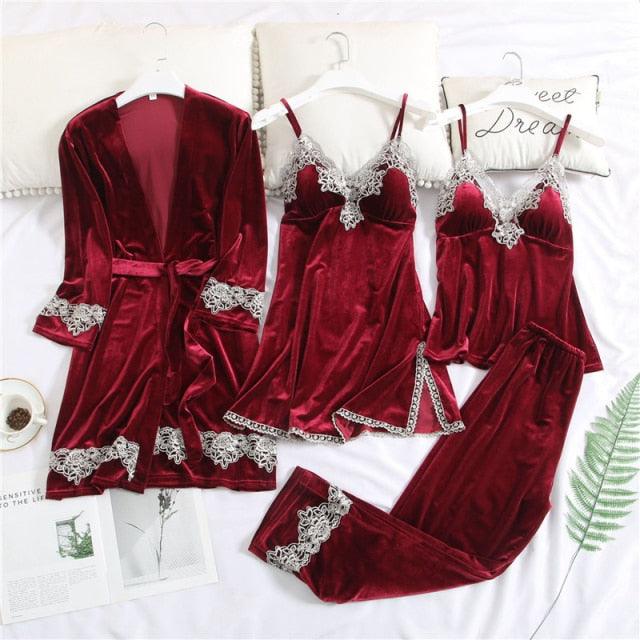T-BOO Women Velvet Pajamas Set 4 Pieces Sexy Warm Lace Winter Sleepwear Sling Nightdress Homewear Plus Size Robe