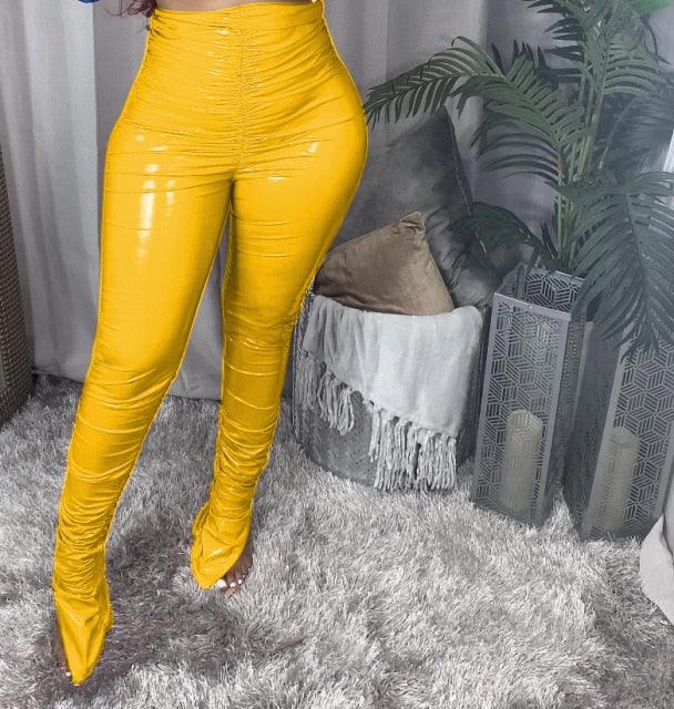 PU Leather Pants Thick Fleece Warm Ruched PleatedStacked Pants Flare Split Trousers Club Legging Partywear