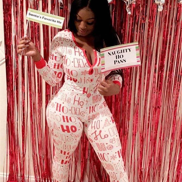 Women Sexy Winter Onesies Adults Long Sleeve V-neck Christmas pattern Pajamas Lady Nightwear