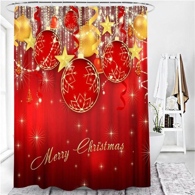 Red Christmas Shower Curtains Set with Rug Carpet Waterpeoof Bathtub Bathroom Screen Toilet Partition Festival Decoration