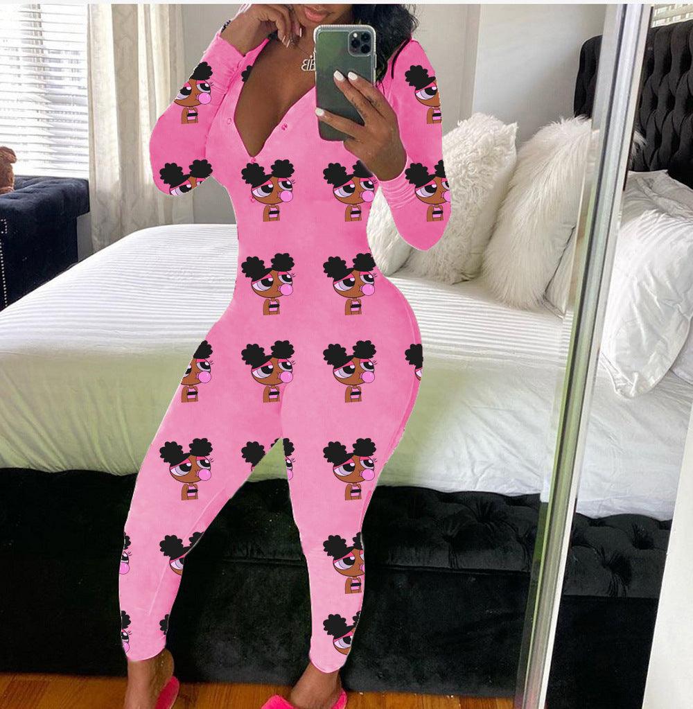 Sexy Winter Women Onesies Ladies Long Sleeve V-neck Bodycon cartoon pattern Bodysuit Pajamas Romper Jumpsuit Nightwear