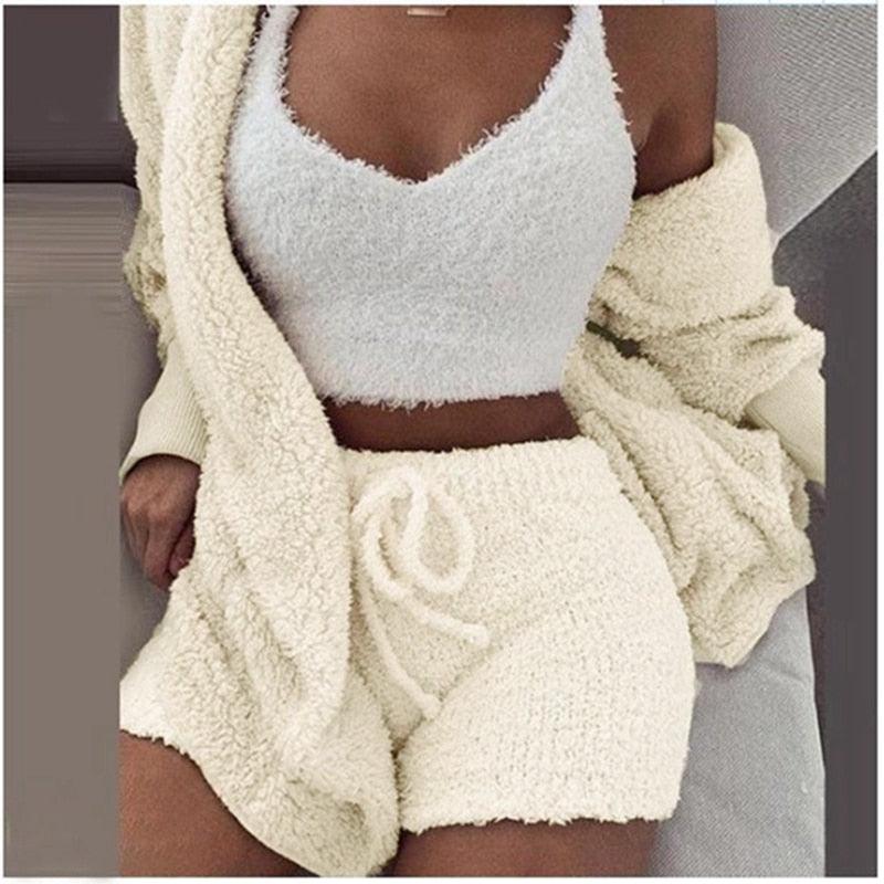 Sexy 3 Pieces Autumn Winter Woman Pajamas Sexy Lamb Wool Pajamas Set Leisure Sleepwear Vest Shorts Suit Trousers Homewear
