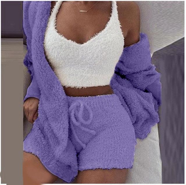 Sexy 3 Pieces Autumn Winter Woman Pajamas Sexy Lamb Wool Pajamas Set Leisure Sleepwear Vest Shorts Suit Trousers Homewear