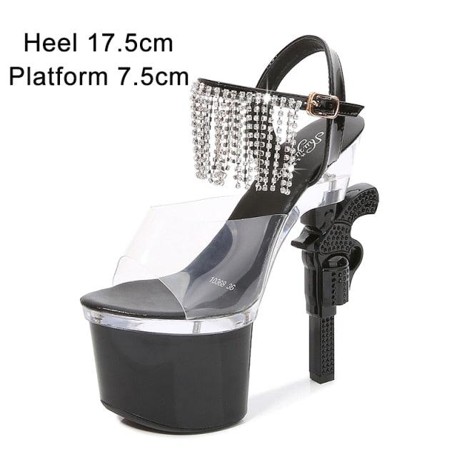 Sexy Red High Heels Shoes Pistol Design High Heel Shoe Fashion Stripper High Heel Platform Sandals Transparent Strip Pole Dancer shoes Pistol Heel Size 43