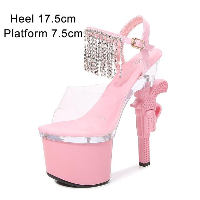 Sexy Red High Heels Shoes Pistol Design High Heel Shoe Fashion Stripper High Heel Platform Sandals Transparent Strip Pole Dancer shoes Pistol Heel Size 43