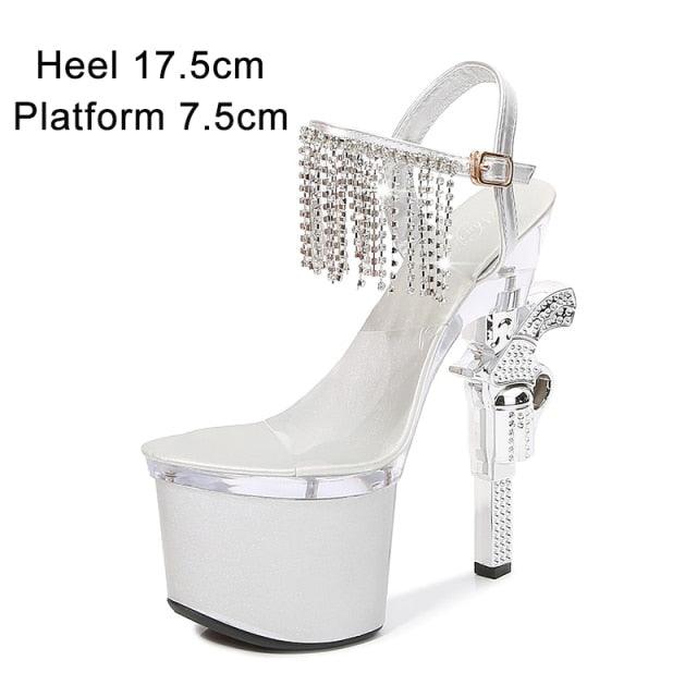 Sexy Red High Heels Shoes Pistol Design High Heel Shoe Fashion Stripper High Heel Platform Sandals Transparent Strip Pole Dancer shoes Pistol Heel Size 43