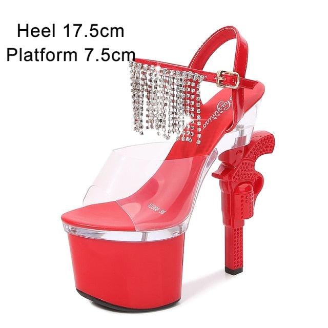 Sexy Red High Heels Shoes Pistol Design High Heel Shoe Fashion Stripper High Heel Platform Sandals Transparent Strip Pole Dancer shoes Pistol Heel Size 43