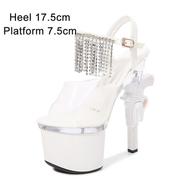 Sexy Red High Heels Shoes Pistol Design High Heel Shoe Fashion Stripper High Heel Platform Sandals Transparent Strip Pole Dancer shoes Pistol Heel Size 43