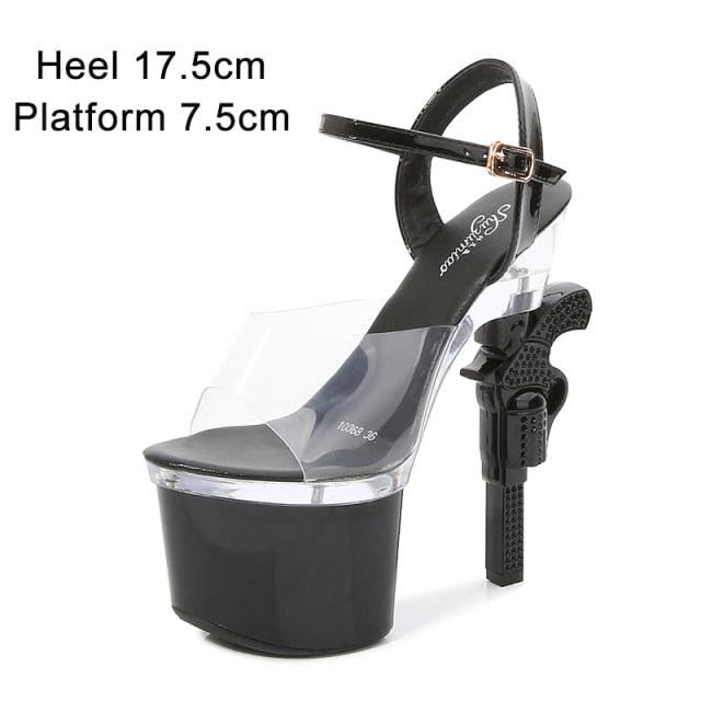 Sexy Red High Heels Shoes Pistol Design High Heel Shoe Fashion Stripper High Heel Platform Sandals Transparent Strip Pole Dancer shoes Pistol Heel Size 43