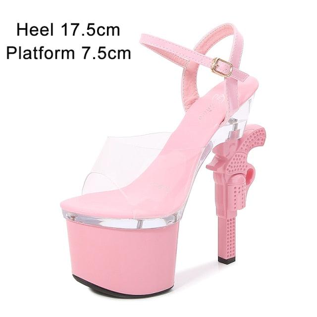 Sexy Red High Heels Shoes Pistol Design High Heel Shoe Fashion Stripper High Heel Platform Sandals Transparent Strip Pole Dancer shoes Pistol Heel Size 43